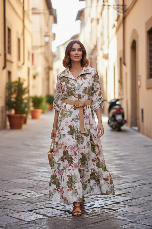 Rochie Maxi Boho cu Imprimeu Floral  și Centură Inclusă - Verde Keky