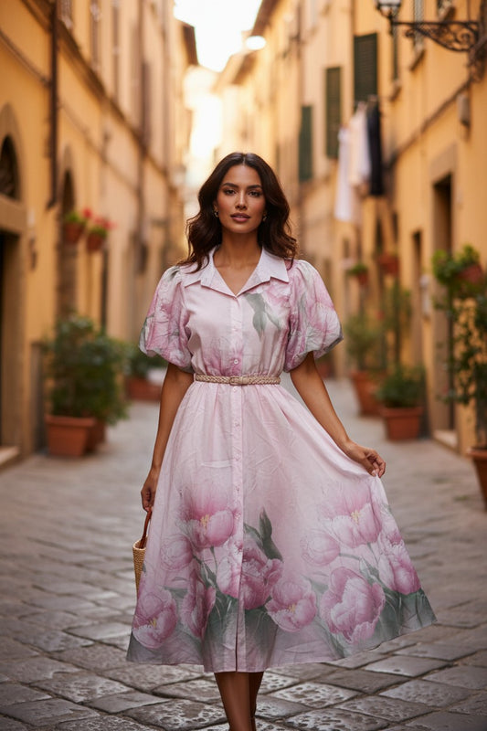 Rochie Midi cu Măneci Bufante și Imprimeu Floral - Roz Pudră