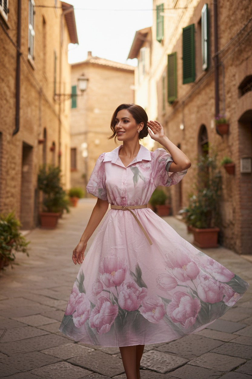 Rochie Midi cu Măneci Bufante și Imprimeu Floral - Roz Pudră