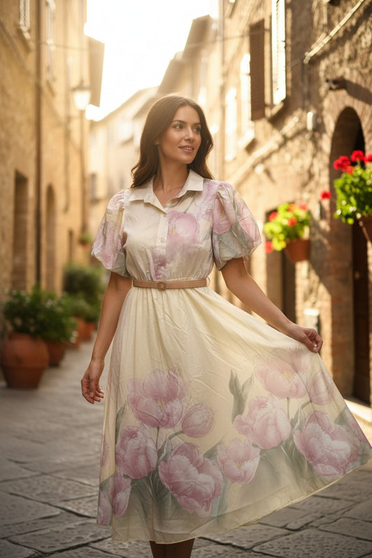 Rochie Midi cu Măneci Bufante și Imprimeu Floral - Galbenă Vanilla