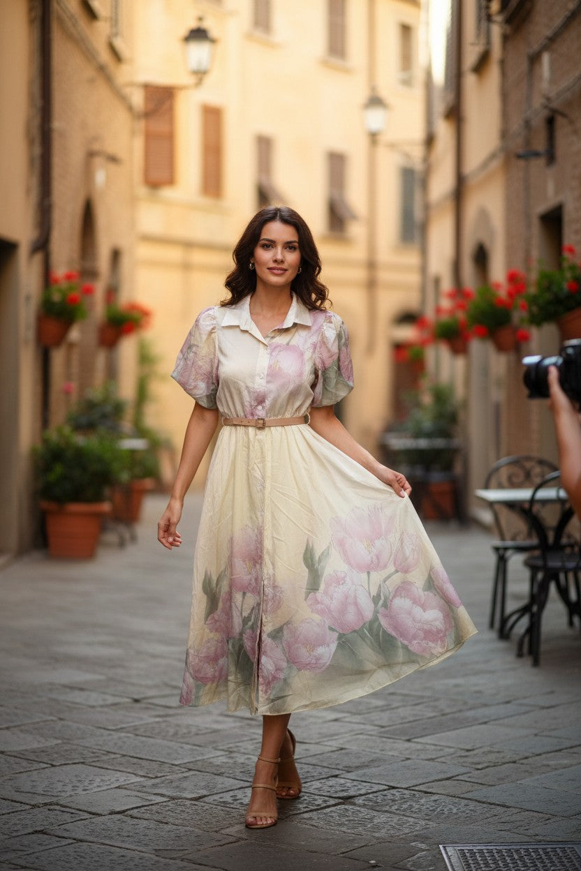Rochie Midi cu Măneci Bufante și Imprimeu Floral - Galbenă Vanilla