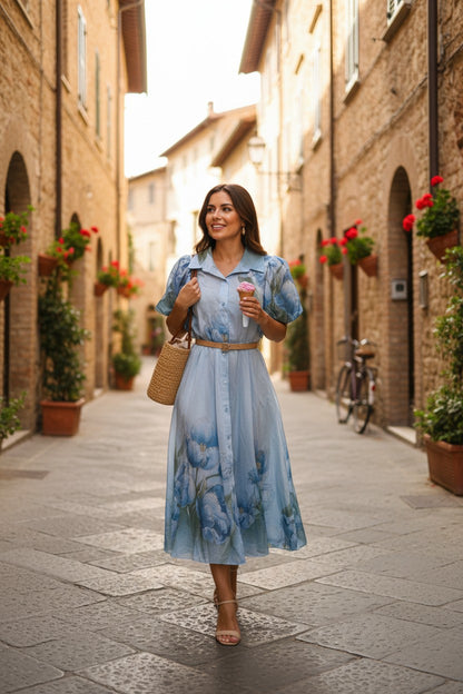 Rochie Midi cu Măneci Bufante și Imprimeu Floral - Babyblue