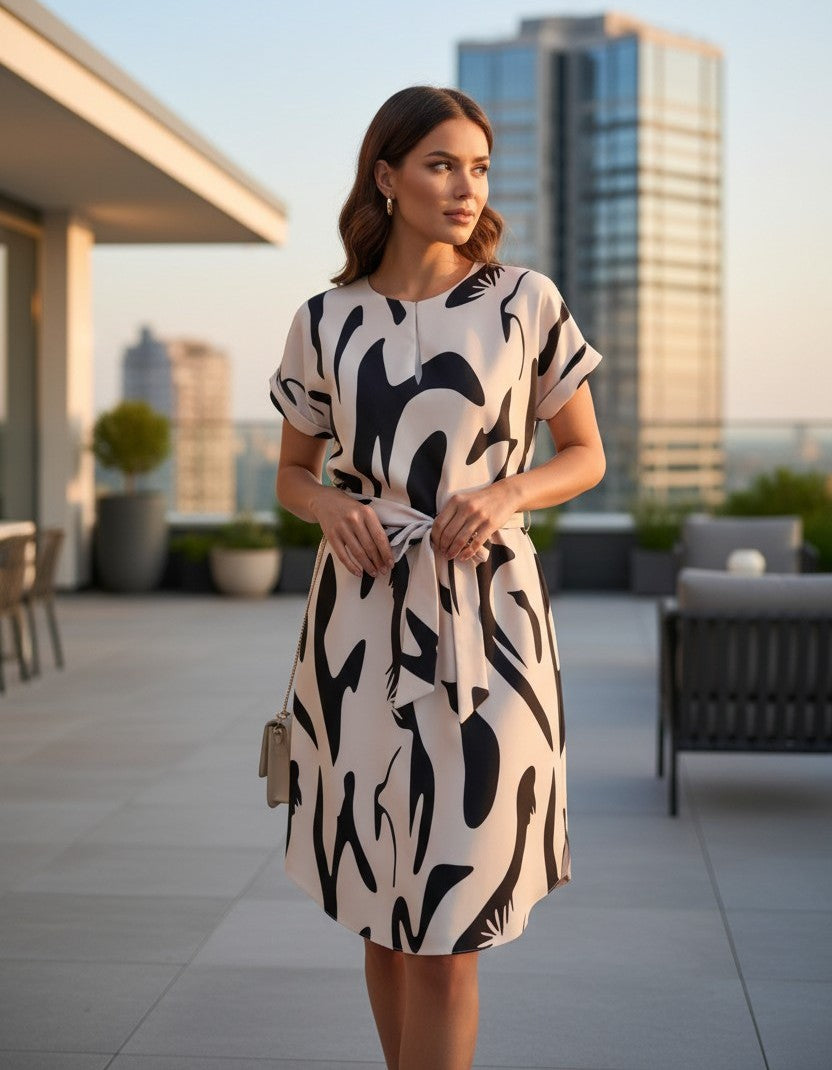 Rochie de Vară cu Imprimeu Abstract și Cordon în Talie - Bej & Negru