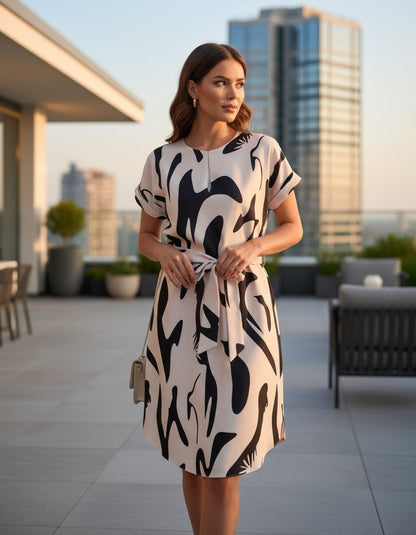 Rochie de Vară cu Imprimeu Abstract și Cordon în Talie - Bej & Negru