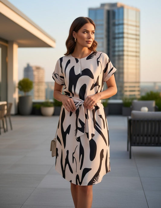 Rochie de Vară cu Imprimeu Abstract și Cordon în Talie - Bej & Negru