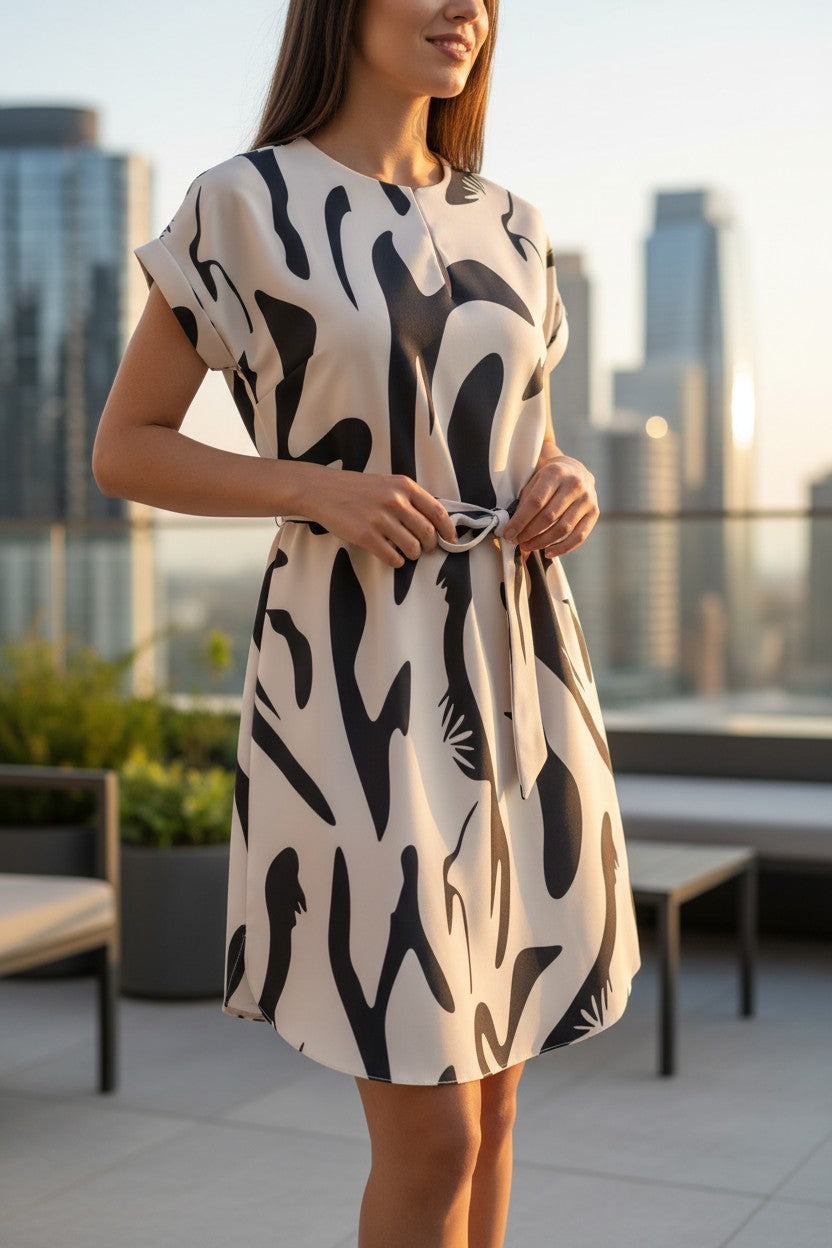 Rochie de Vară cu Imprimeu Abstract și Cordon în Talie - Bej & Negru