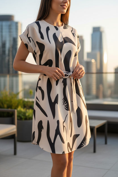 Rochie de Vară cu Imprimeu Abstract și Cordon în Talie - Bej & Negru