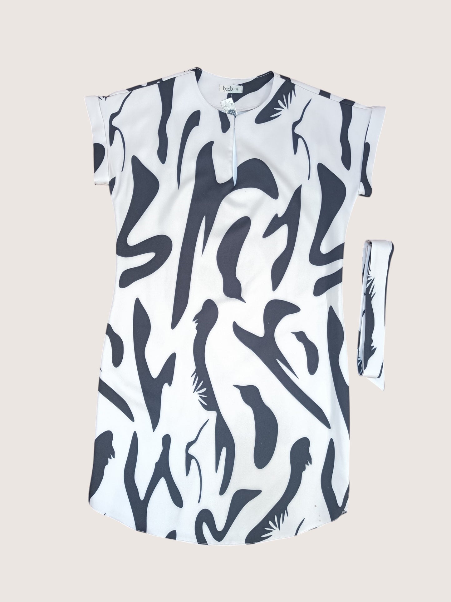 Rochie de Vară cu Imprimeu Abstract și Cordon în Talie - Bej & Negru