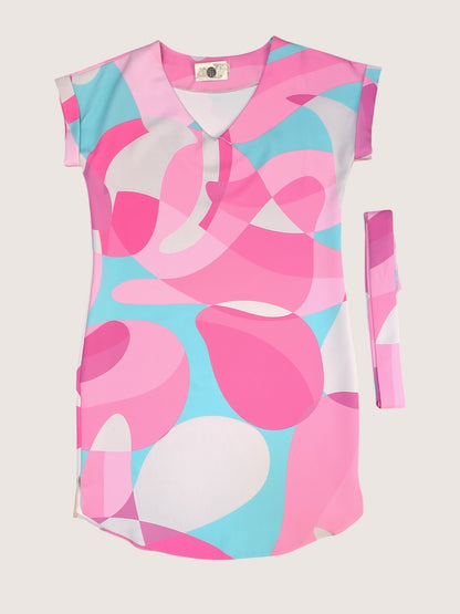 Rochie de Vară cu Imprimeu Abstract și Cordon în Talie - Pink