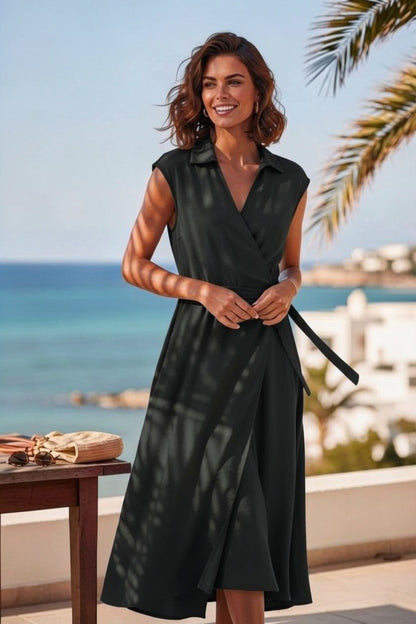 Rochie Midi Elegantă cu Cordon și Guler Lapel – Neagră