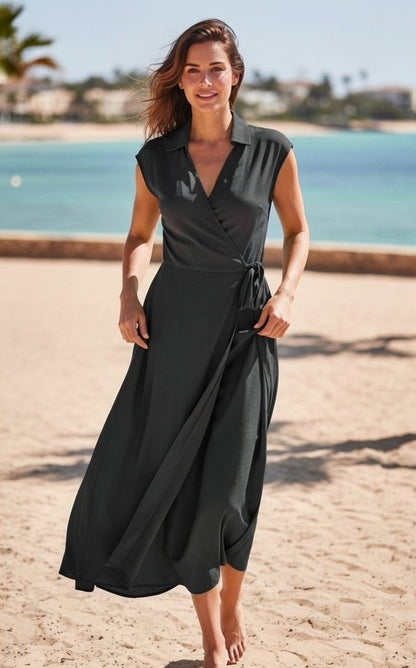Rochie Midi Elegantă cu Cordon și Guler Lapel – Neagră