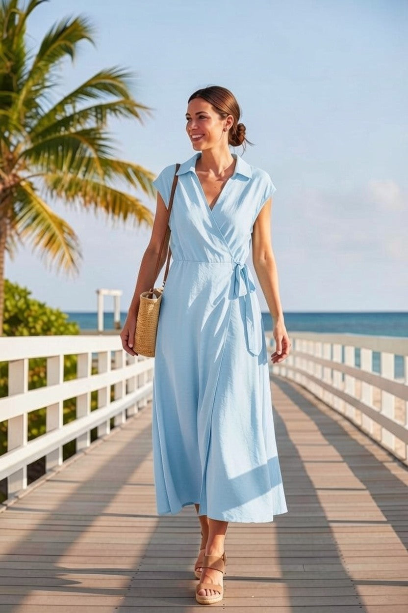 Rochie Midi Elegantă cu Cordon și Guler Lapel – Babyblue
