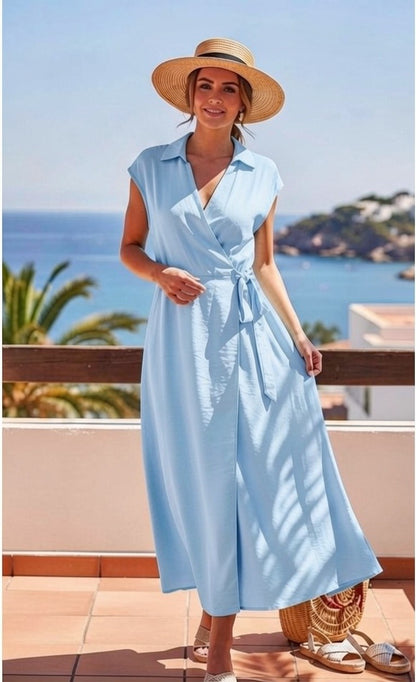 Rochie Midi Elegantă cu Cordon și Guler Lapel – Babyblue