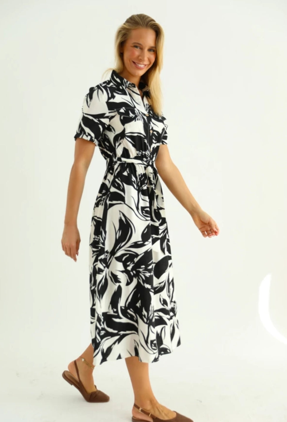 Rochie tip Cămașă Midi cu Imprimeu Floral - Bej&Neagră