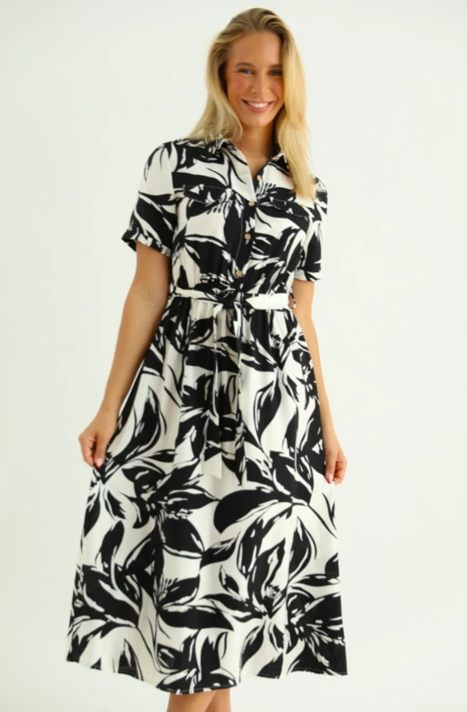 Rochie tip Cămașă Midi cu Imprimeu Floral - Bej&Neagră