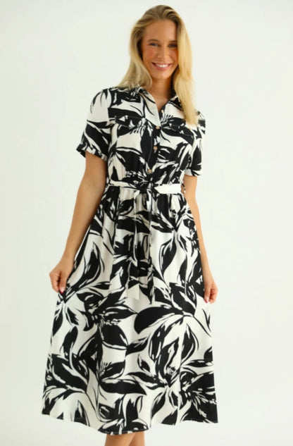 Rochie tip Cămașă Midi cu Imprimeu Floral - Bej&Neagră