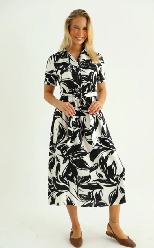 Rochie tip Cămașă Midi cu Imprimeu Floral - Bej&Neagră