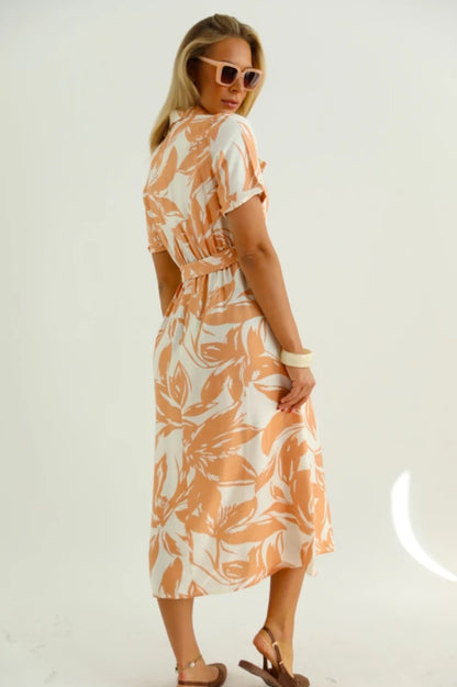 Rochie tip Cămașă Midi cu Imprimeu Floral - Bej&Oranje