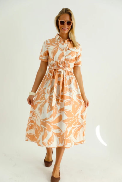 Rochie tip Cămașă Midi cu Imprimeu Floral - Bej&Oranje