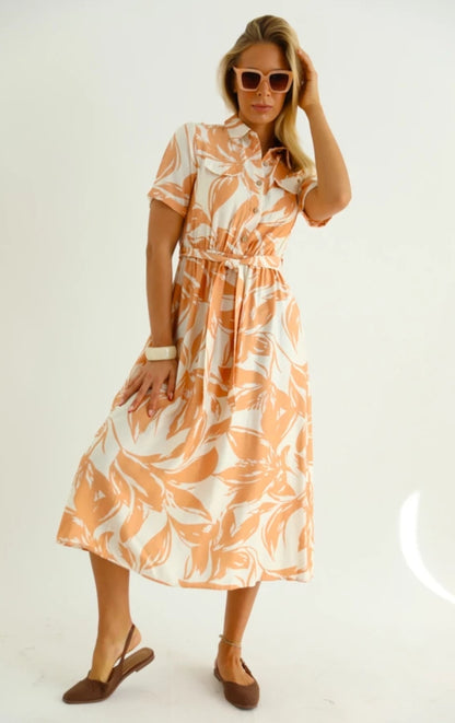 Rochie tip Cămașă Midi cu Imprimeu Floral - Bej&Oranje