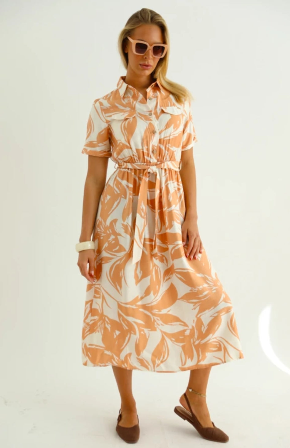 Rochie tip Cămașă Midi cu Imprimeu Floral - Bej&Oranje