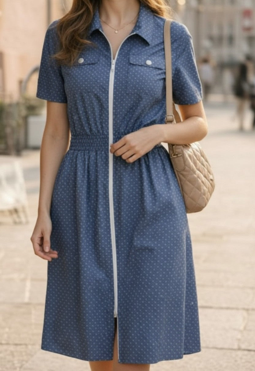Rochie tip Cămașă cu Fermoar și Tale Elastică - Albastru&Denim