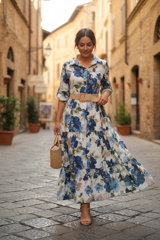 Rochie Maxi Boho cu Imprimeu Floral  și Centură Inclusă - Albastru