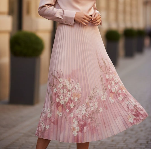 Fustă Plisată cu Imprimeu Floral - Roz Pudră