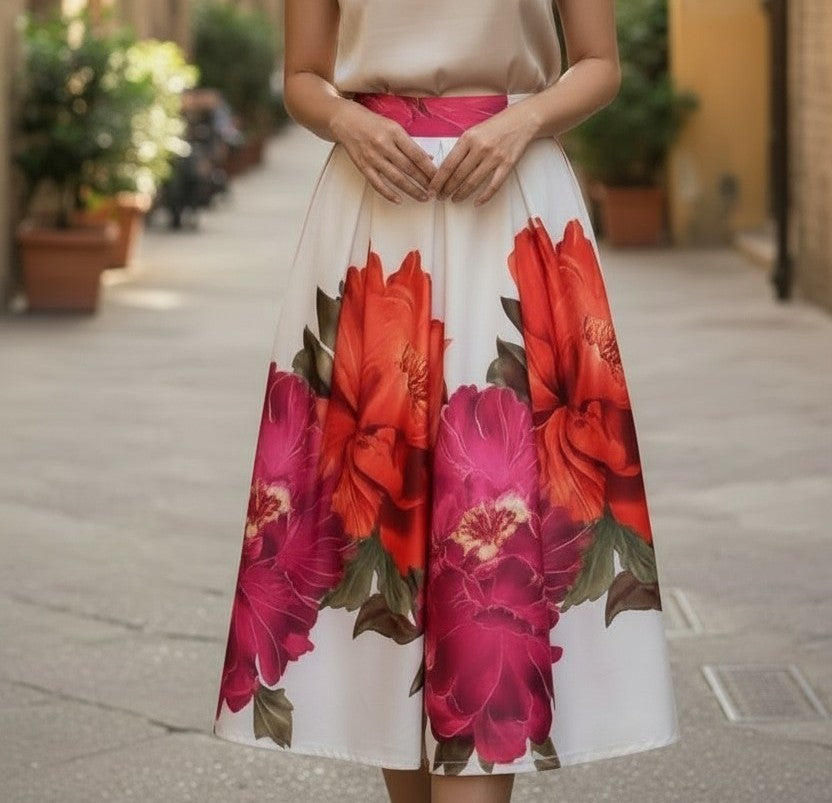 Fustă Cloș Midi cu Imprimeu Floral - Bej