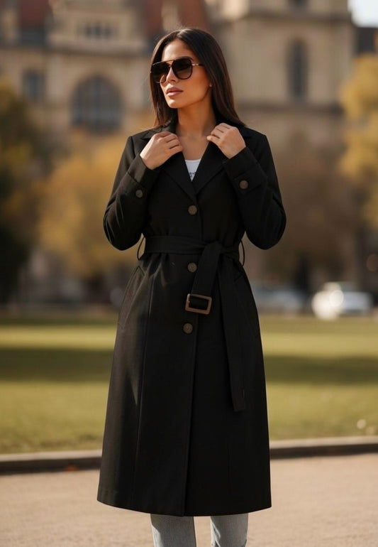 Trenci Elegant cu Cordon - Neagră