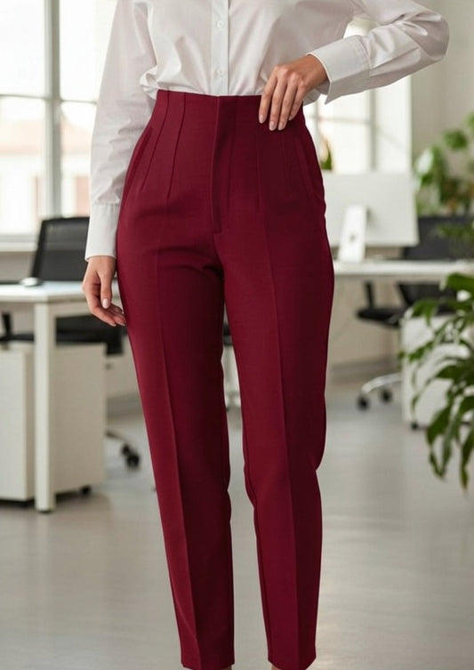 Pantaloni Office cu Talie Înaltă - Burgundy
