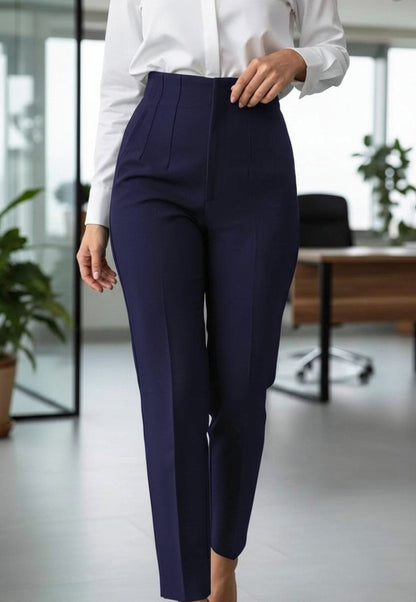 Pantaloni office de damă cu talie înaltă, bleumarin – vedere din față