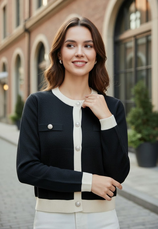 Cardigan tricotat de damă negru cu borduri albe – vedere din față