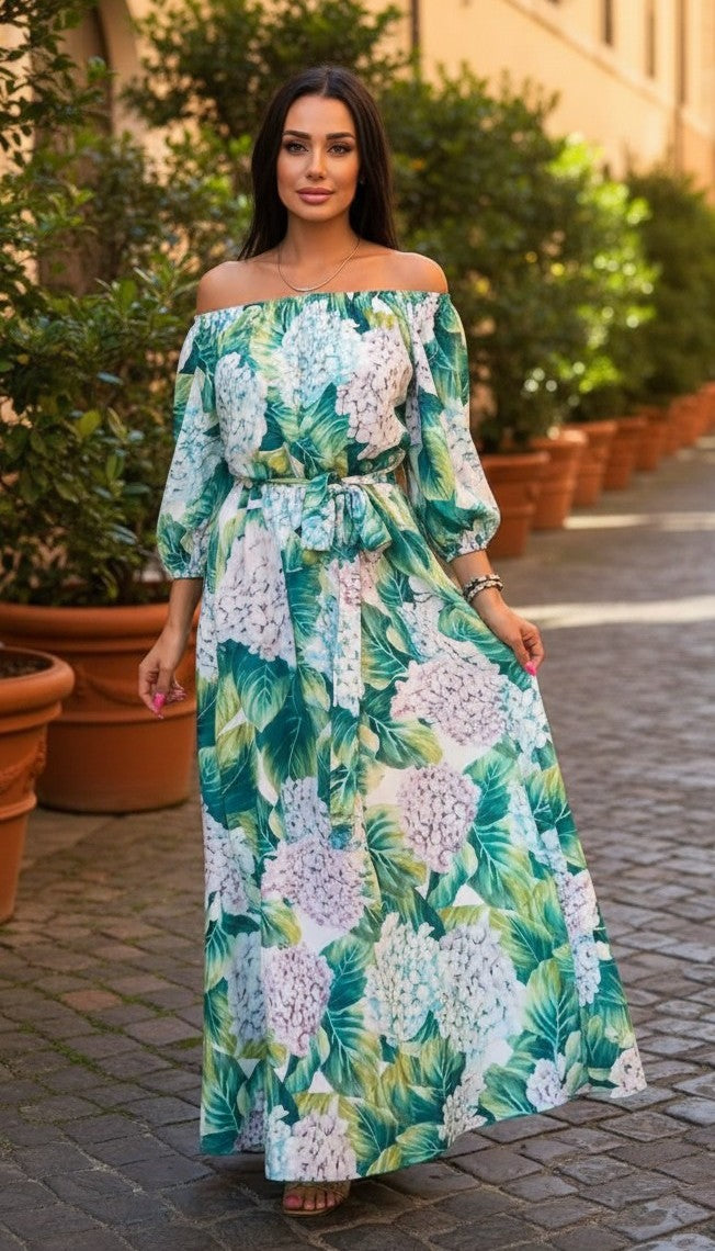 Rochie Lungă Florală cu Umerii Goali