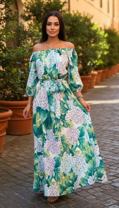 Rochie Lungă Florală cu Umerii Goali
