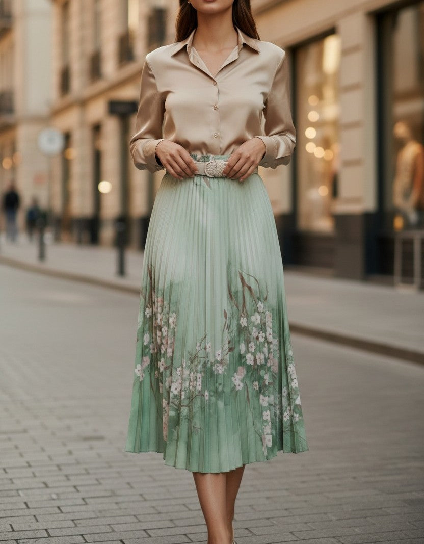 Fustă Plisată cu Imprimeu Floral - Verde