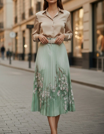 Fustă Plisată cu Imprimeu Floral - Verde