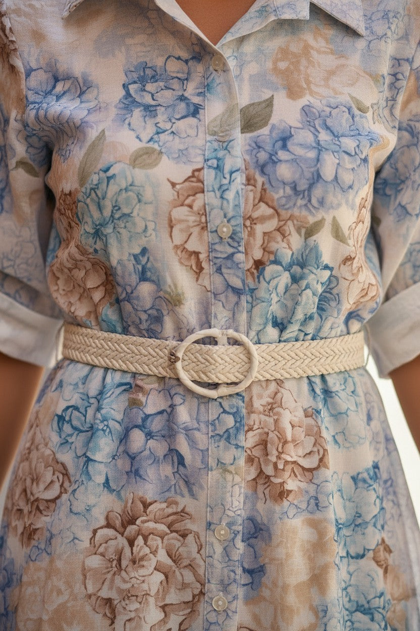 Rochie Maxi Tip Cămașă cu Imprimeu Floral - Baby Blue