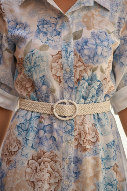 Rochie Maxi Tip Cămașă cu Imprimeu Floral - Baby Blue