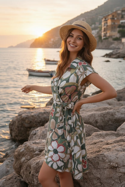 Rochie Tip Wrap cu Imprimeu Floral și Iz Mediteranean - Keky