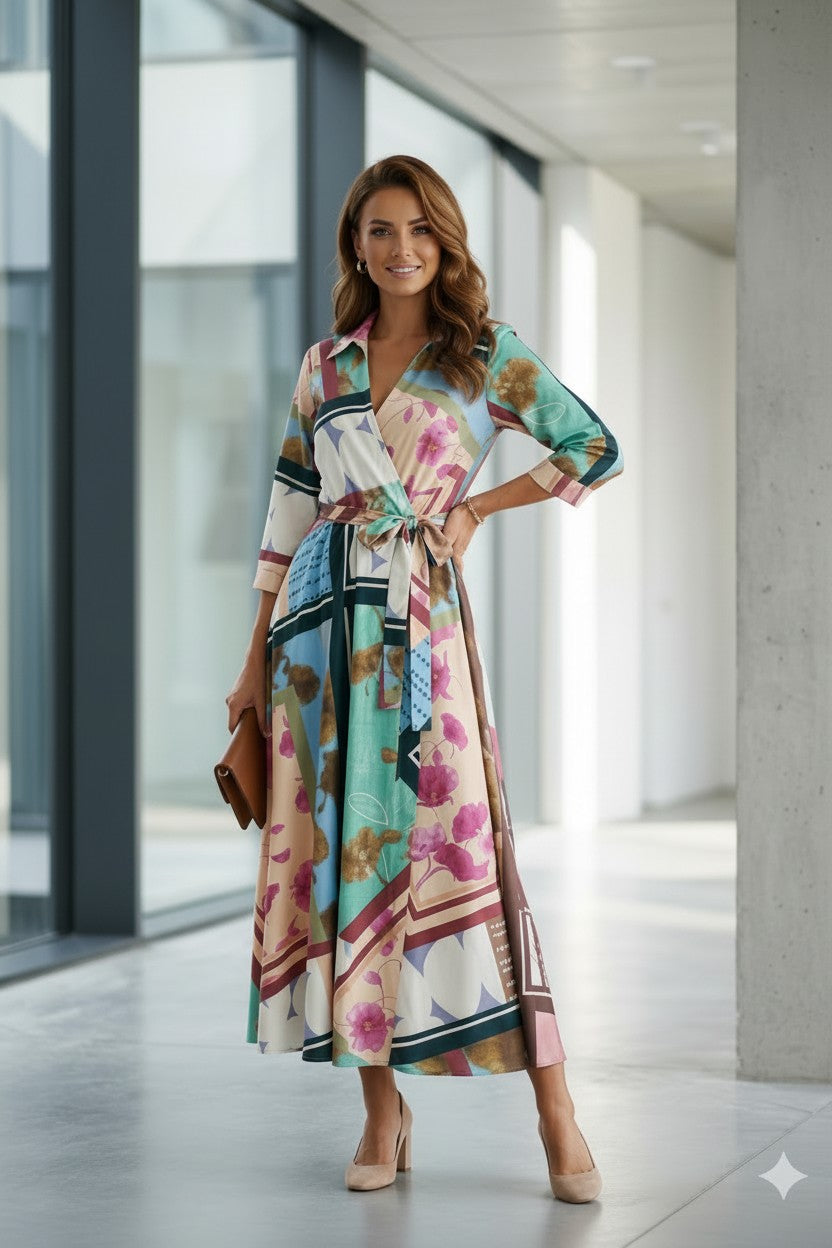 Rochie Maxi Petrecută cu Imprimeu Floral și Geometric - Colorat
