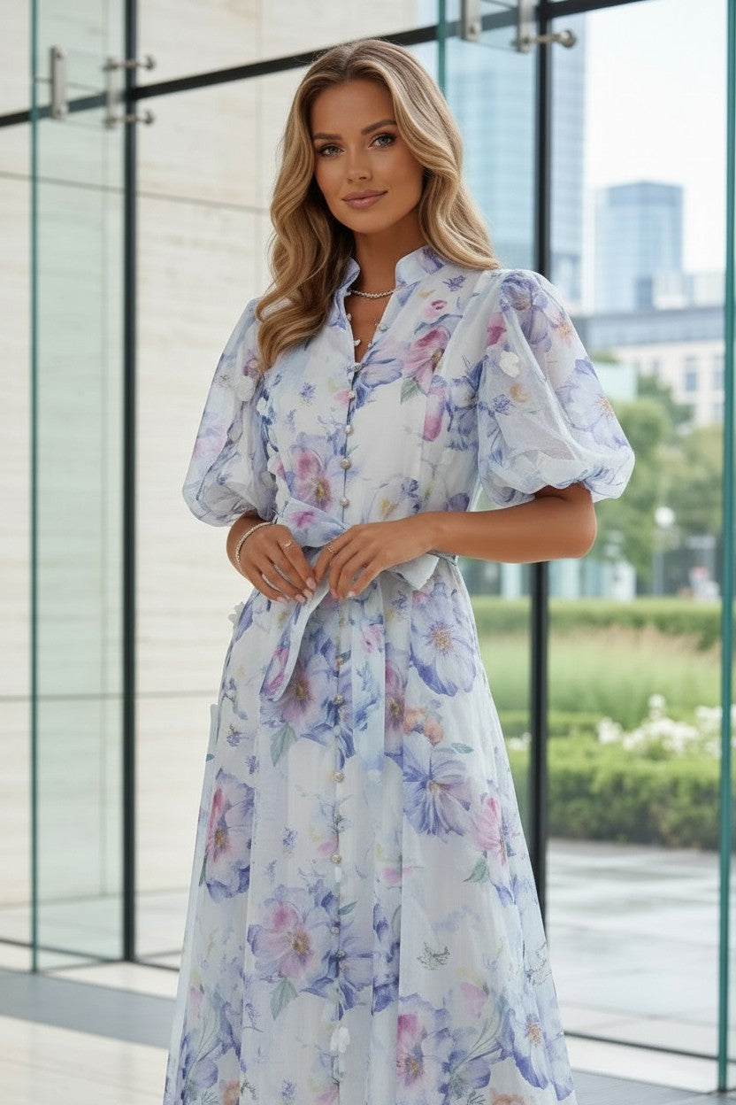 Rochie Lungă  cu Mâneci Bufante & Nasturi Aurii și Imprimeu Floral - Baby Blue