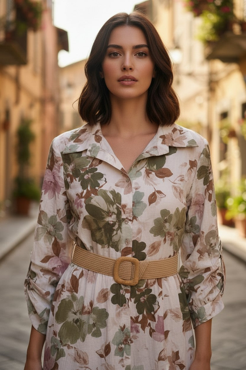 Rochie Maxi Boho cu Imprimeu Floral  și Centură Inclusă - Verde Keky
