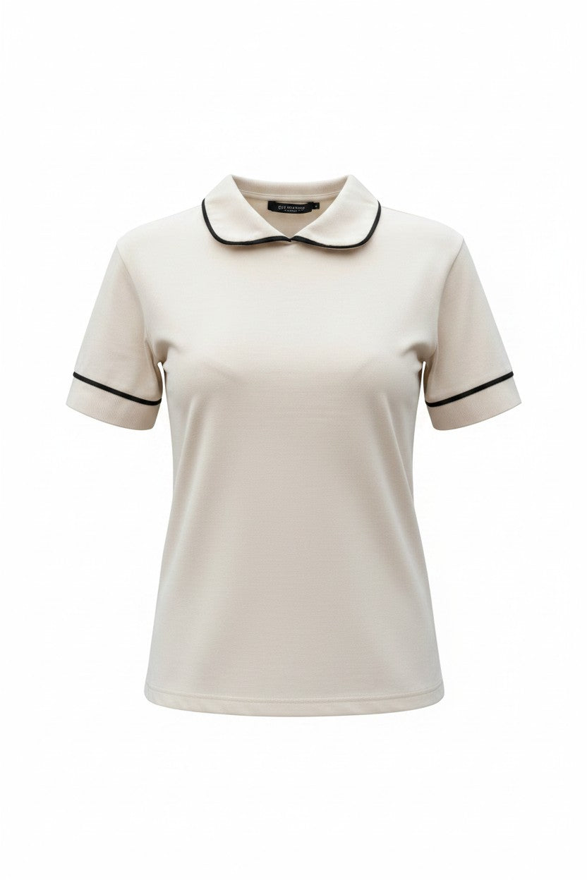 Bluză tip Tricou cu Guler  și Borduri Contrastante - Bej