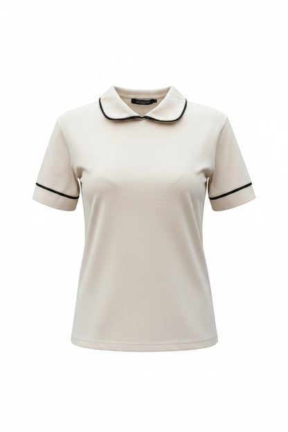 Bluză tip Tricou cu Guler  și Borduri Contrastante - Bej