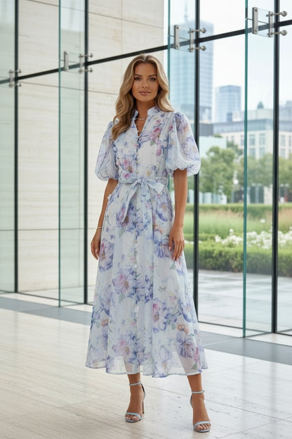 Rochie Lungă  cu Mâneci Bufante & Nasturi Aurii și Imprimeu Floral - Baby Blue