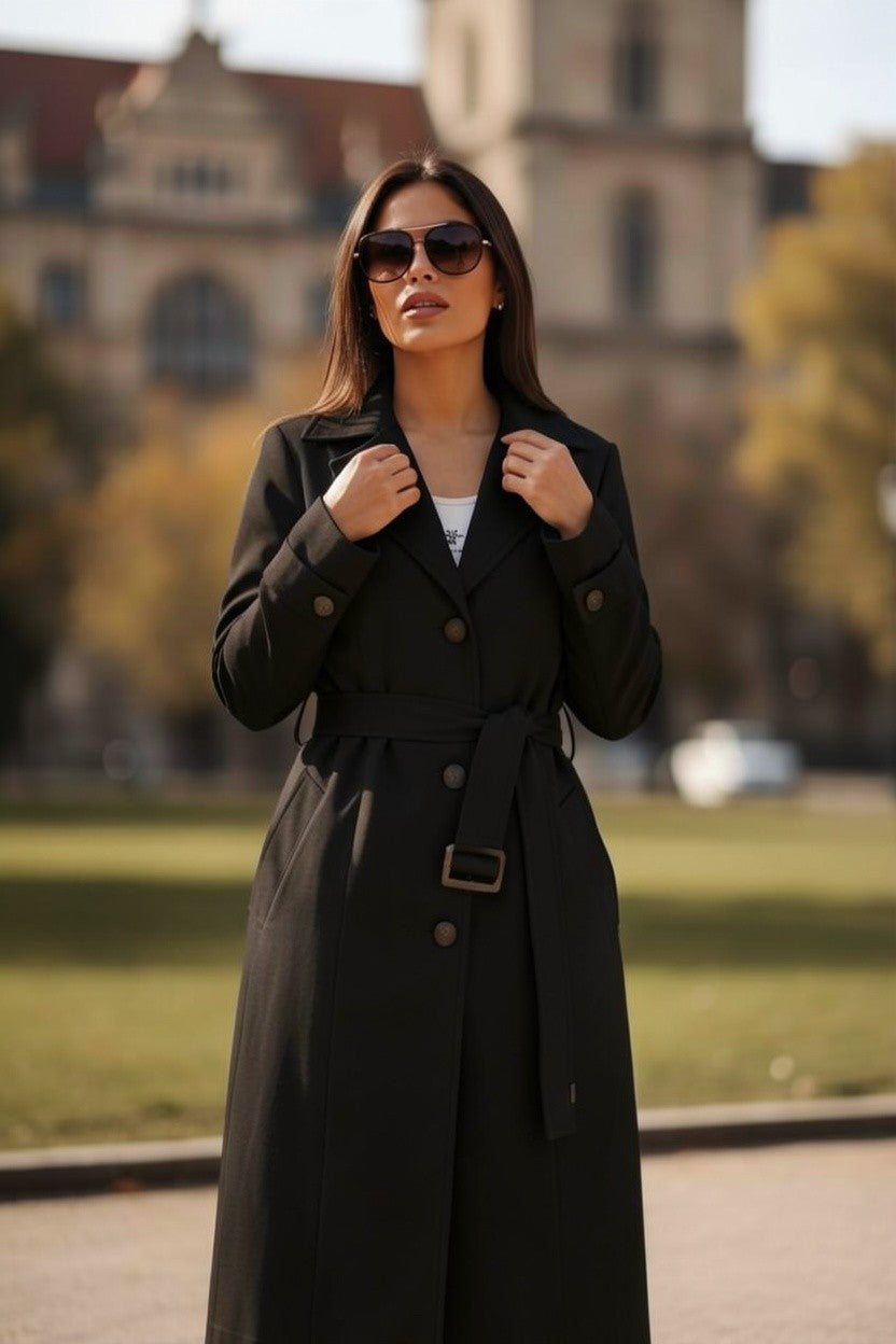 Trenci Elegant cu Cordon - Neagră