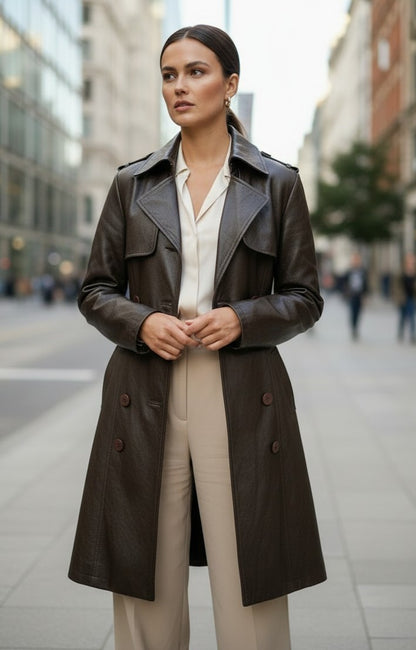 Trench lung de damă din piele ecologică ciocolatiu – ținută completă cu pantaloni crem