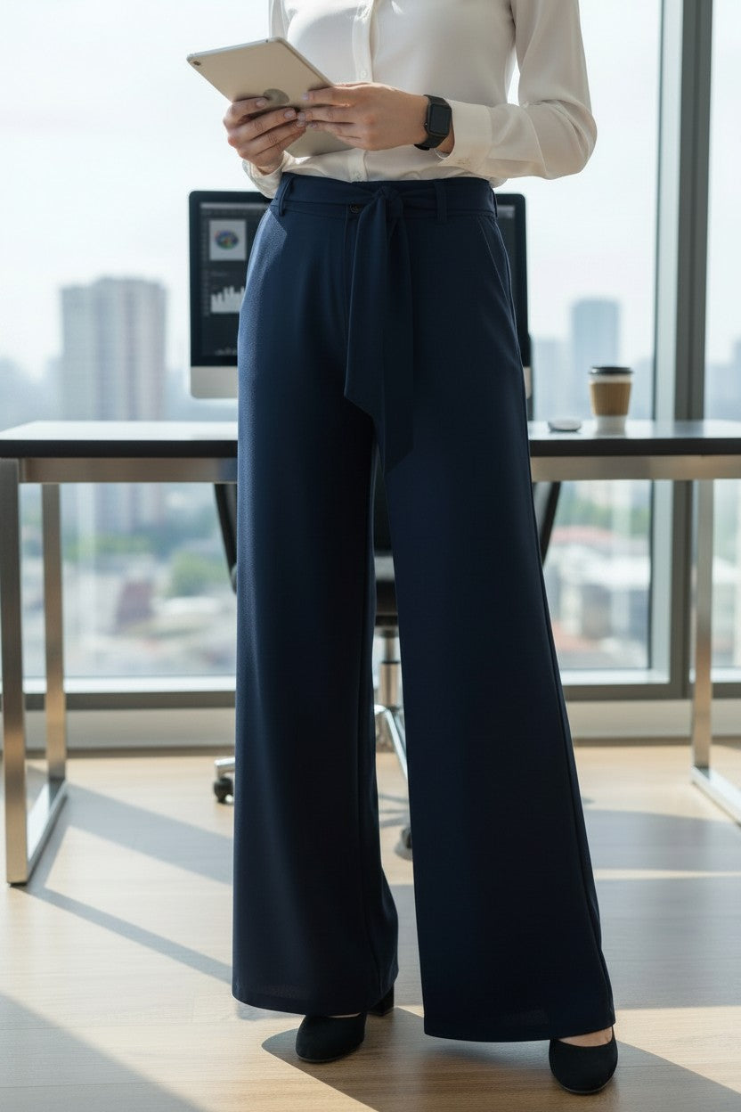 Pantaloni office evazați de damă cu cordon, bleumarin – vedere din față, cu o tabletă