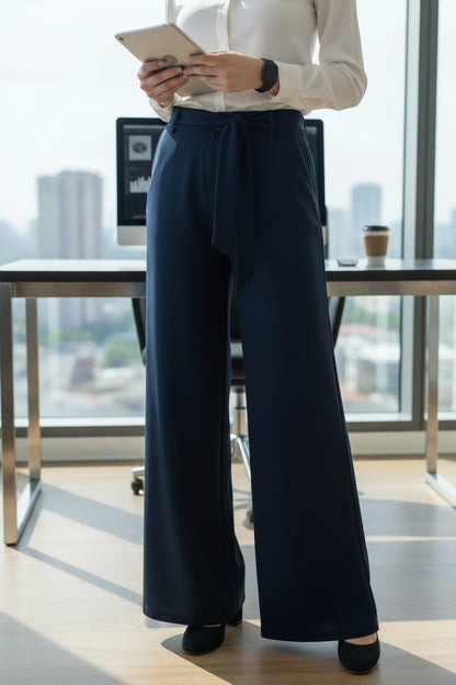 Pantaloni office evazați de damă cu cordon, bleumarin – vedere din față, cu o tabletă